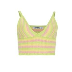 Lusana NWT Citron Katie Crochet Knit Stripe V-Neck Tank Top Small